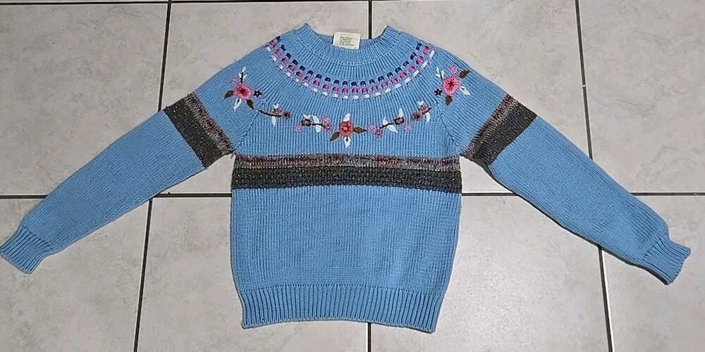 Vintage Skiva Int'l Sweater Womens M Blue Floral Embroidered 80s Taiwan Acrylic
